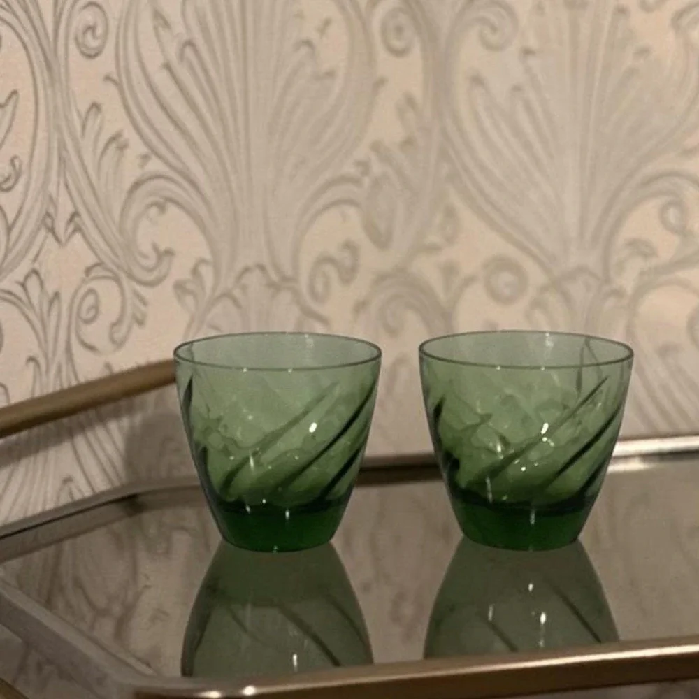 Libbey Avocado Green Swirl Lowball Tumblers, Set of 2, Vintage Glass‎ Drinkware